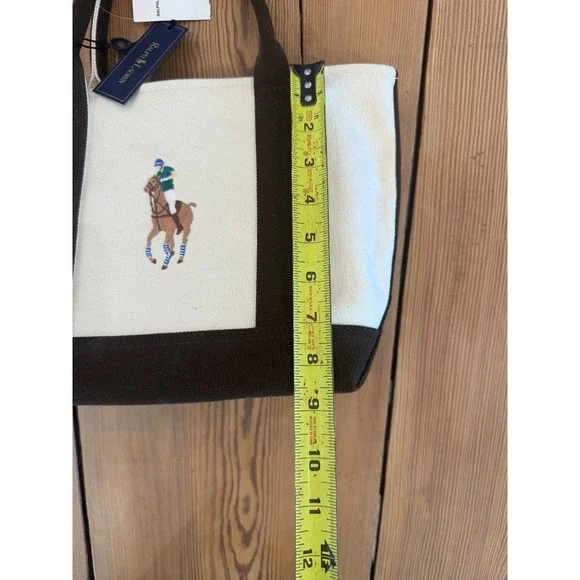 NWT Ralph Lauren Canvas Tote Bag Horse Embroidery Purse Handbag Brown Accents - Picture 7 of 9